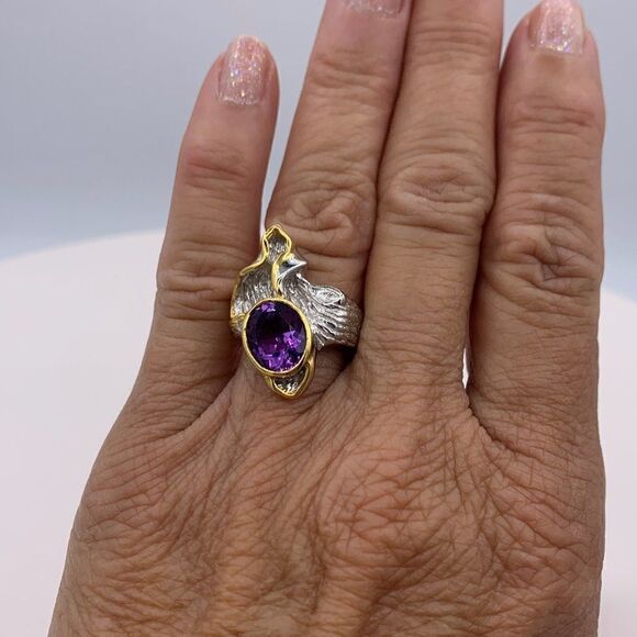 Ring, solid 925 sterling silver, 24 Karat gold, real amethyst, adjustabl… - Picture 1 of 15